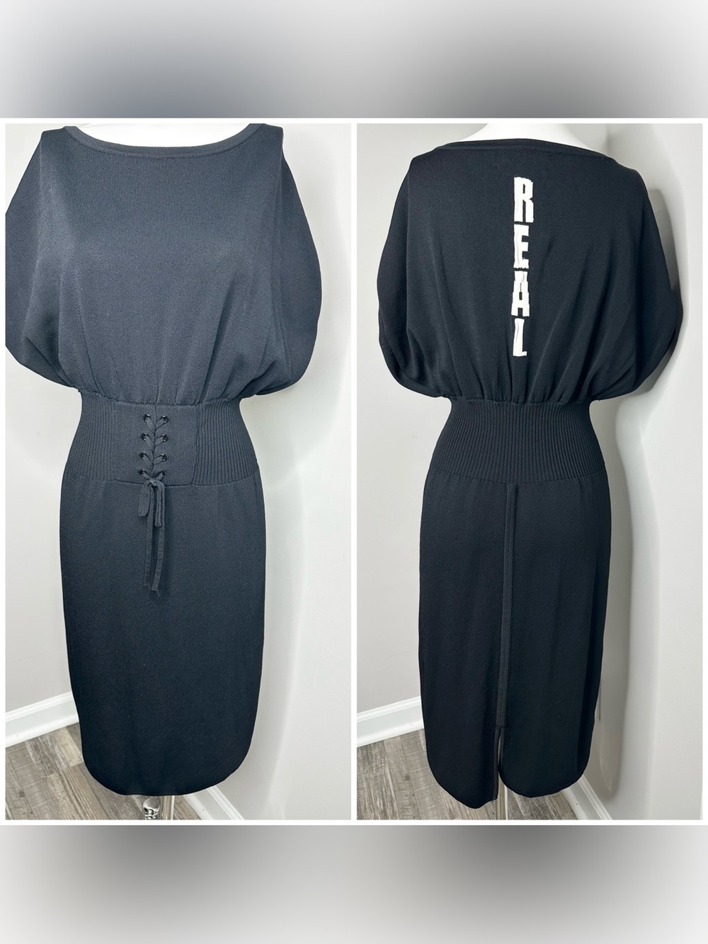 Black Women’s Knit Dress with Cinched Waist and 'REAL' Back Detail- Medium